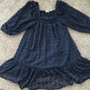 Large, Navy Blue Swiss Dot Dress, Sheer Sleeves, Sleeved Dress, Loose Fit